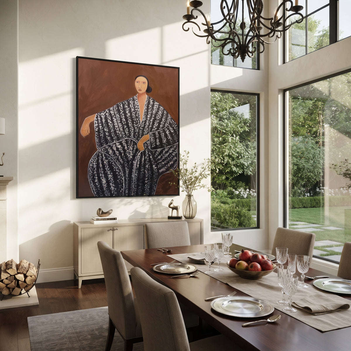 Monochrome Draped Ease - black white draped figure painting shown in modern room setting 3