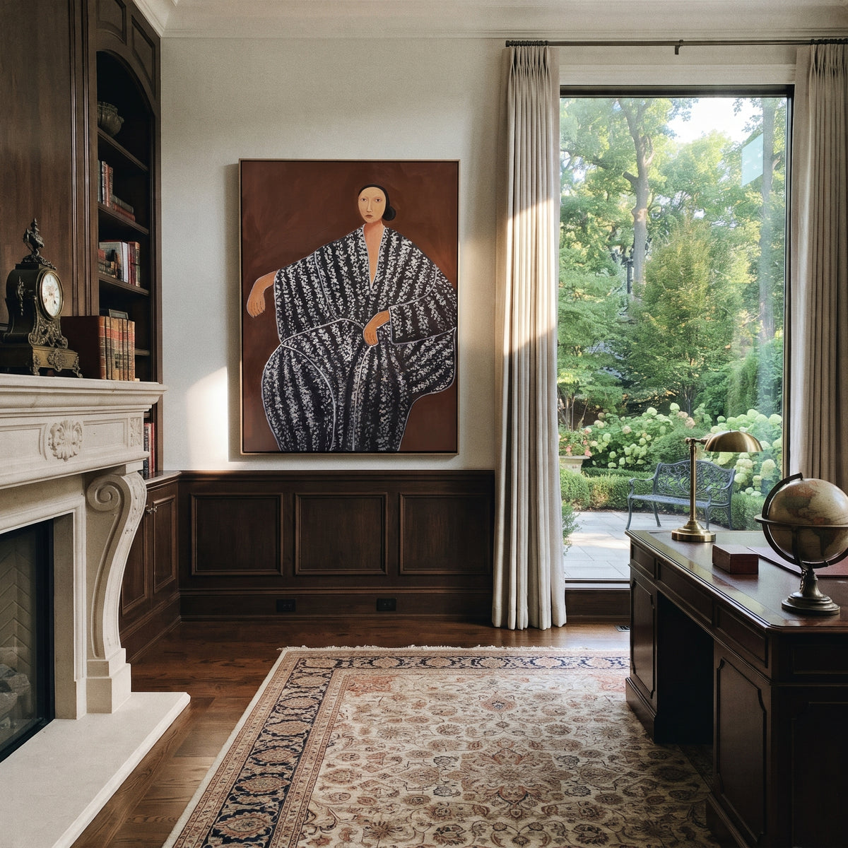Monochrome Draped Ease - black white draped figure painting shown in modern room setting 5