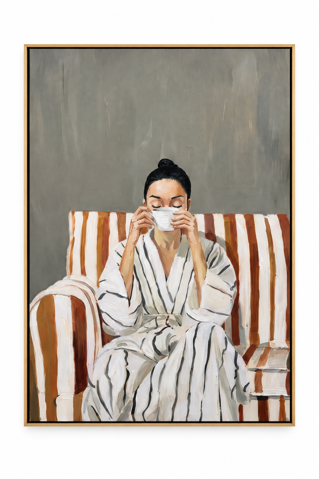 Morning Cup in Stripes - woman with tea in striped chair painting in a wood frame on white