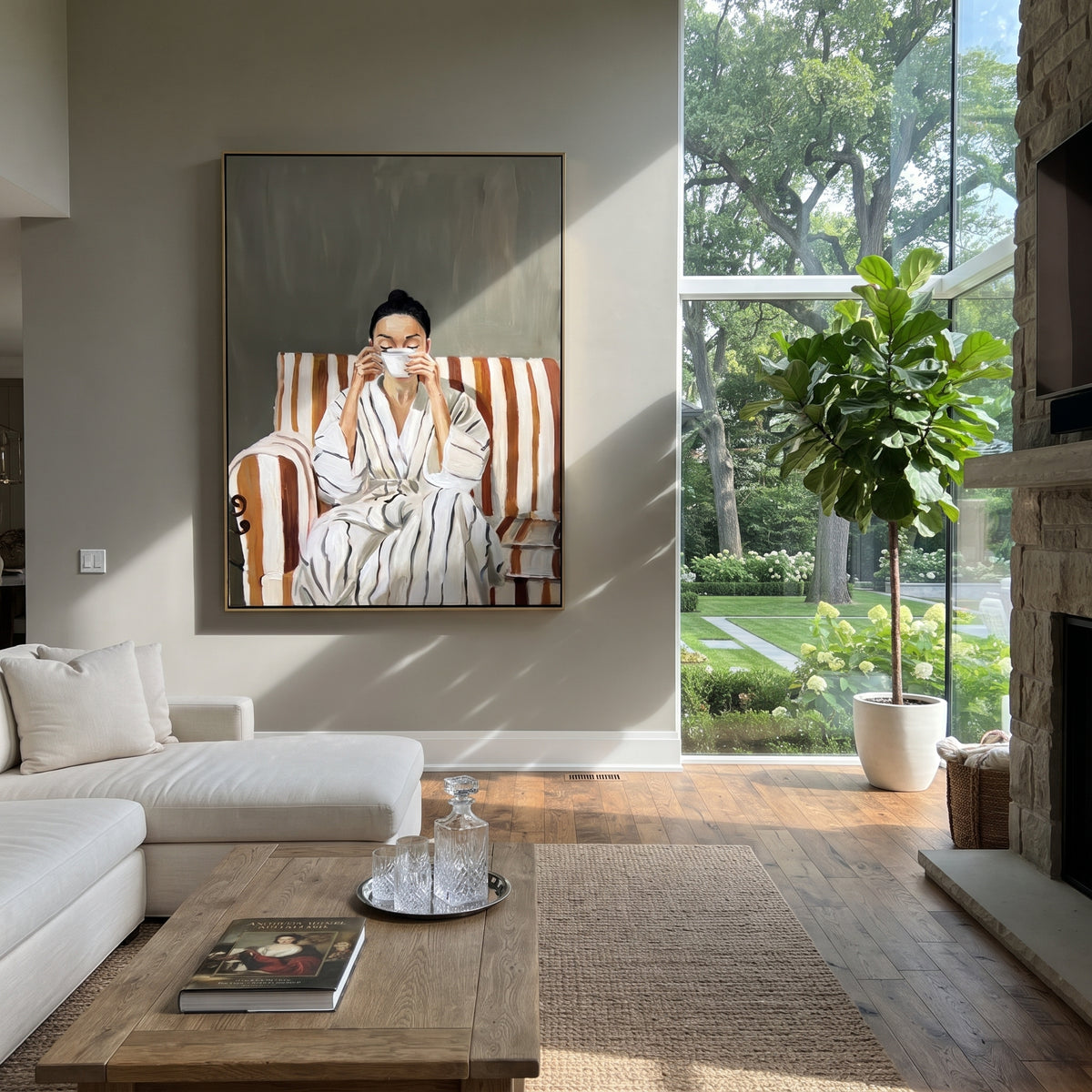 Morning Cup in Stripes - woman with tea in striped chair painting shown in modern room setting 4