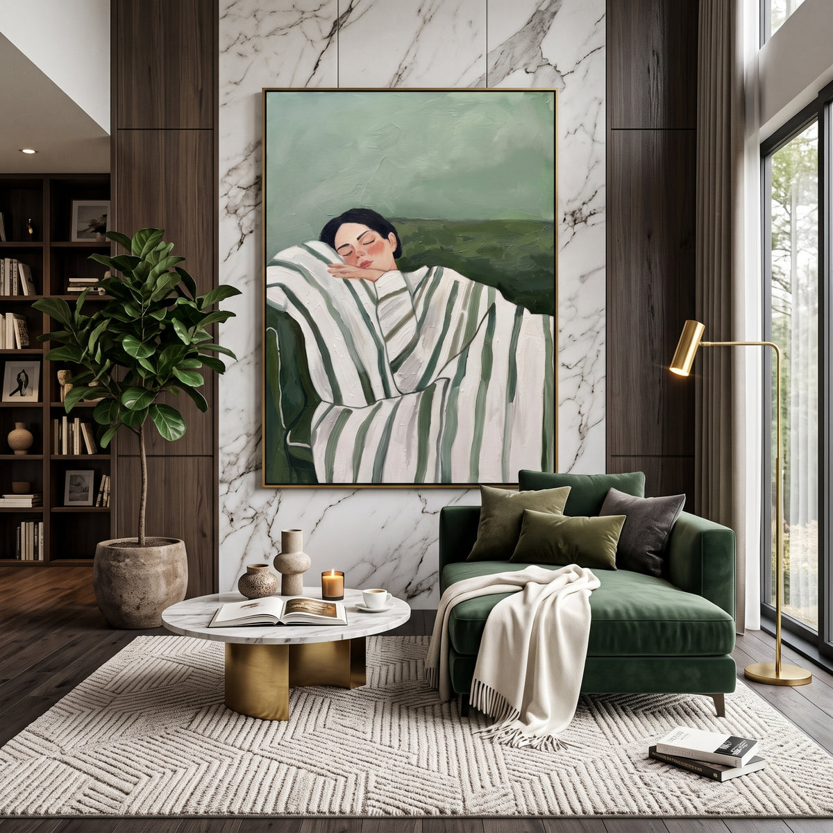 Striped Afternoon Rest - reclining striped figure painting shown in modern room setting 3
