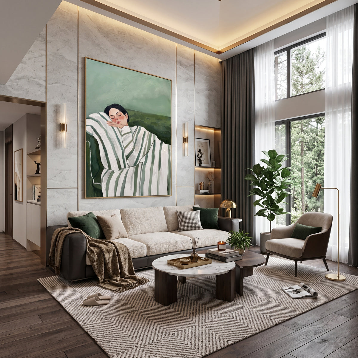 Striped Afternoon Rest - reclining striped figure painting shown in modern room setting 5