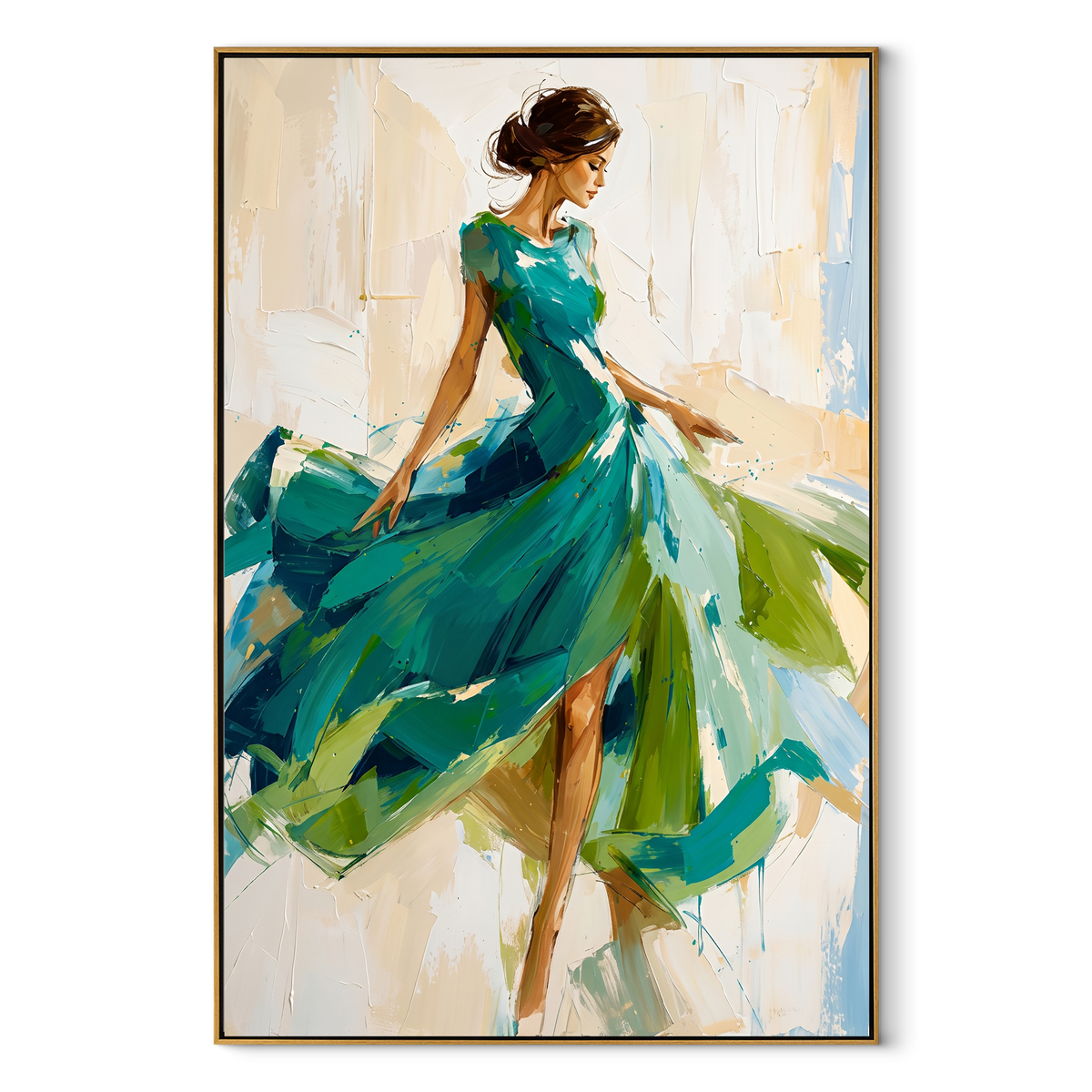 Emerald Skirt in Motion - green dress fashion portrait painting in a wood frame on white