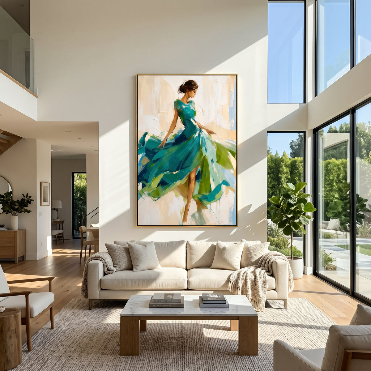 Emerald Skirt in Motion - green dress fashion portrait painting shown in modern room setting 3
