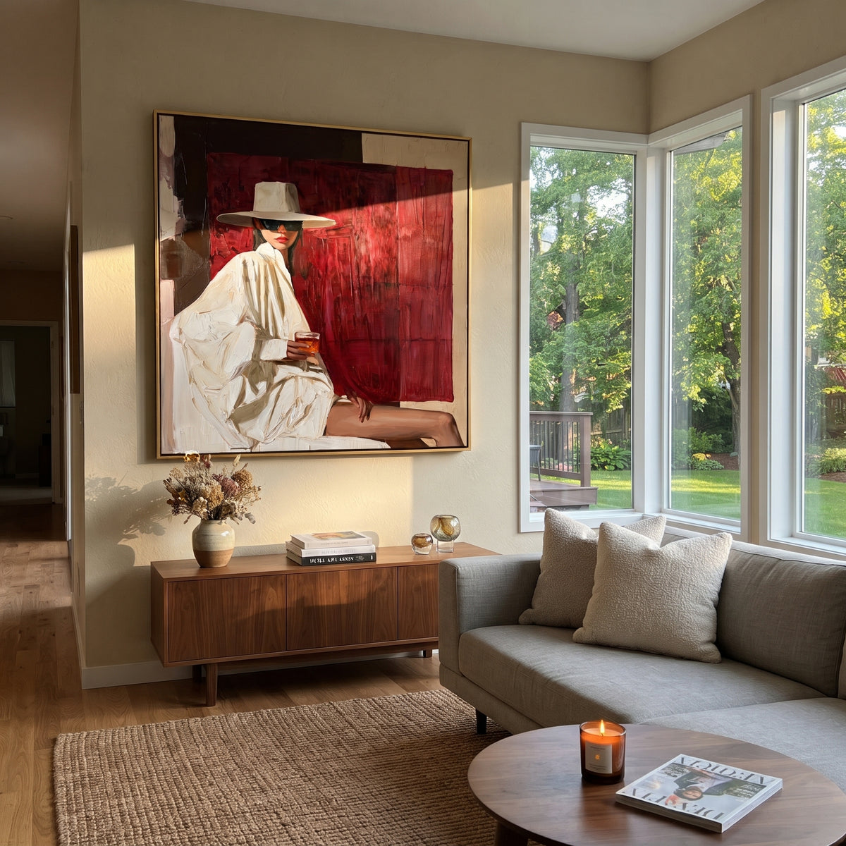 White Hat Against Crimson - white hat fashion figure painting shown in modern room setting 3