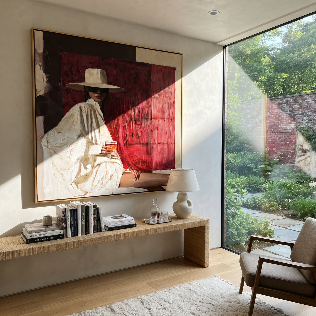 White Hat Against Crimson - white hat fashion figure painting shown in modern room setting 4