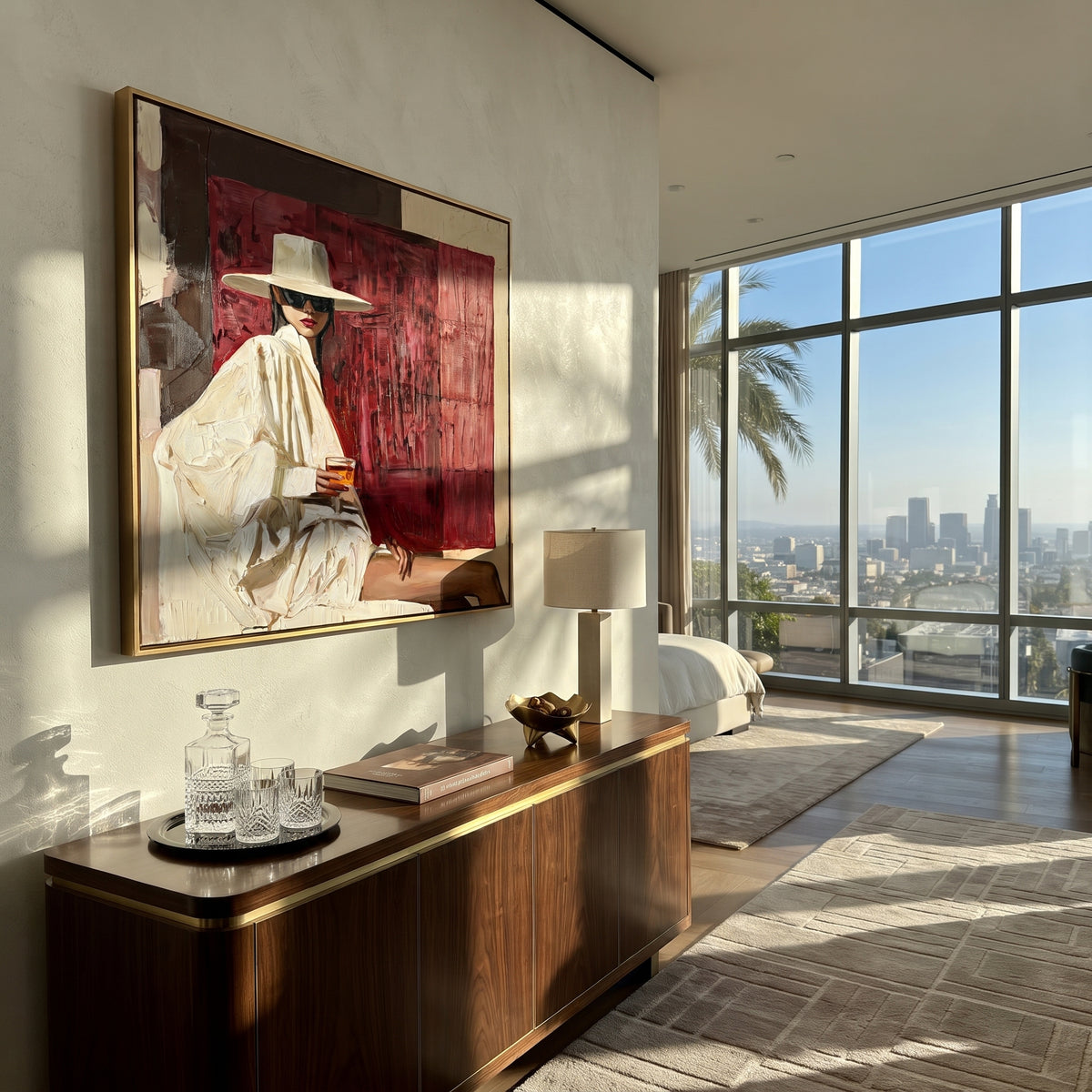 White Hat Against Crimson - white hat fashion figure painting shown in modern room setting 5