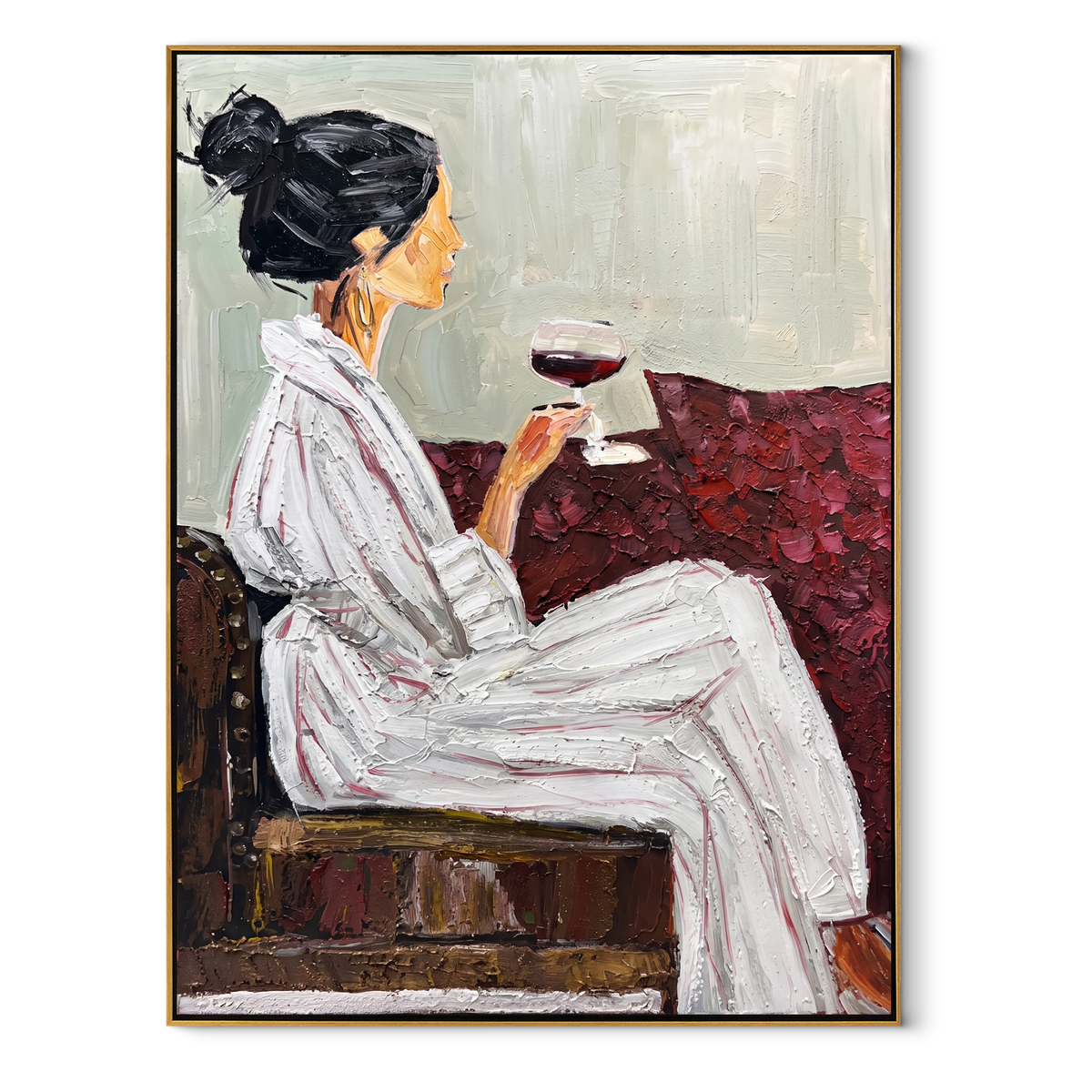 Burgundy Wine Pause - seated woman with wine painting in a wood frame on white