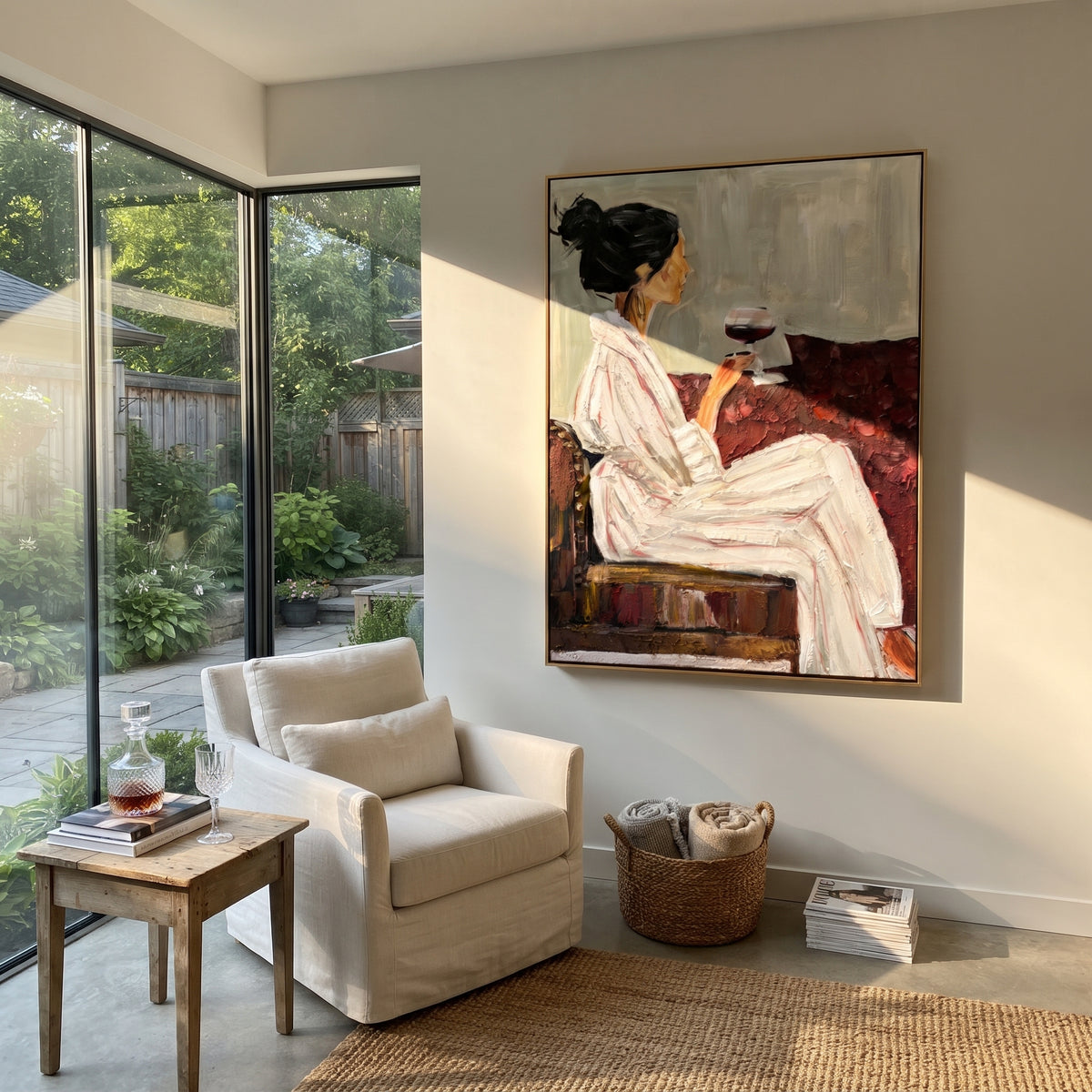 Burgundy Wine Pause - seated woman with wine painting shown in modern room setting 2