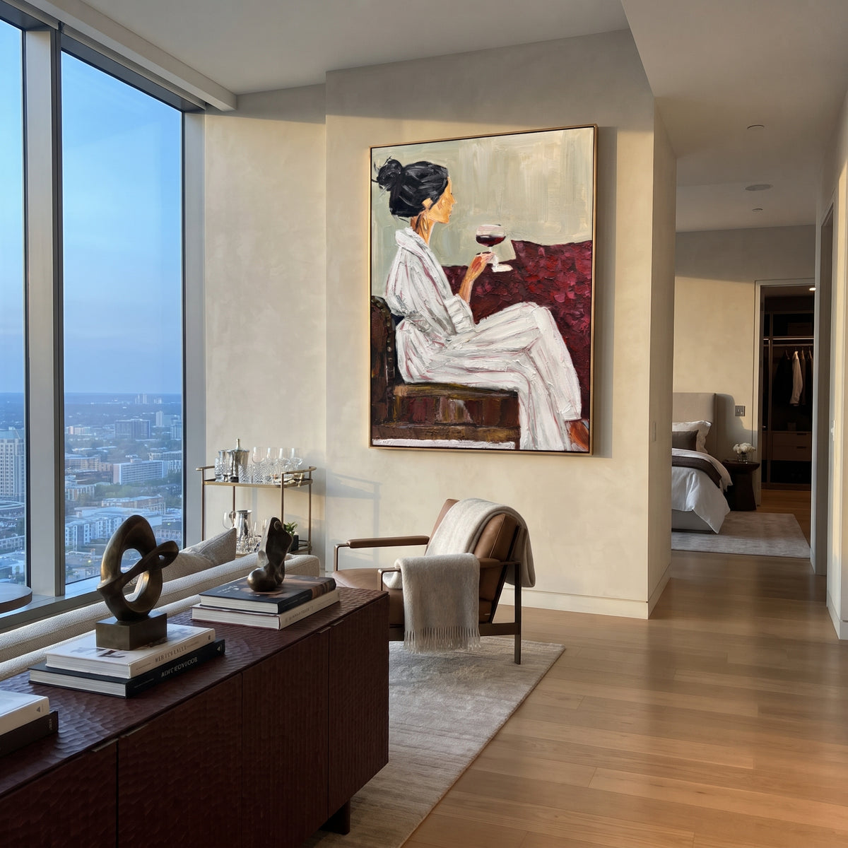 Burgundy Wine Pause - seated woman with wine painting shown in modern room setting 4