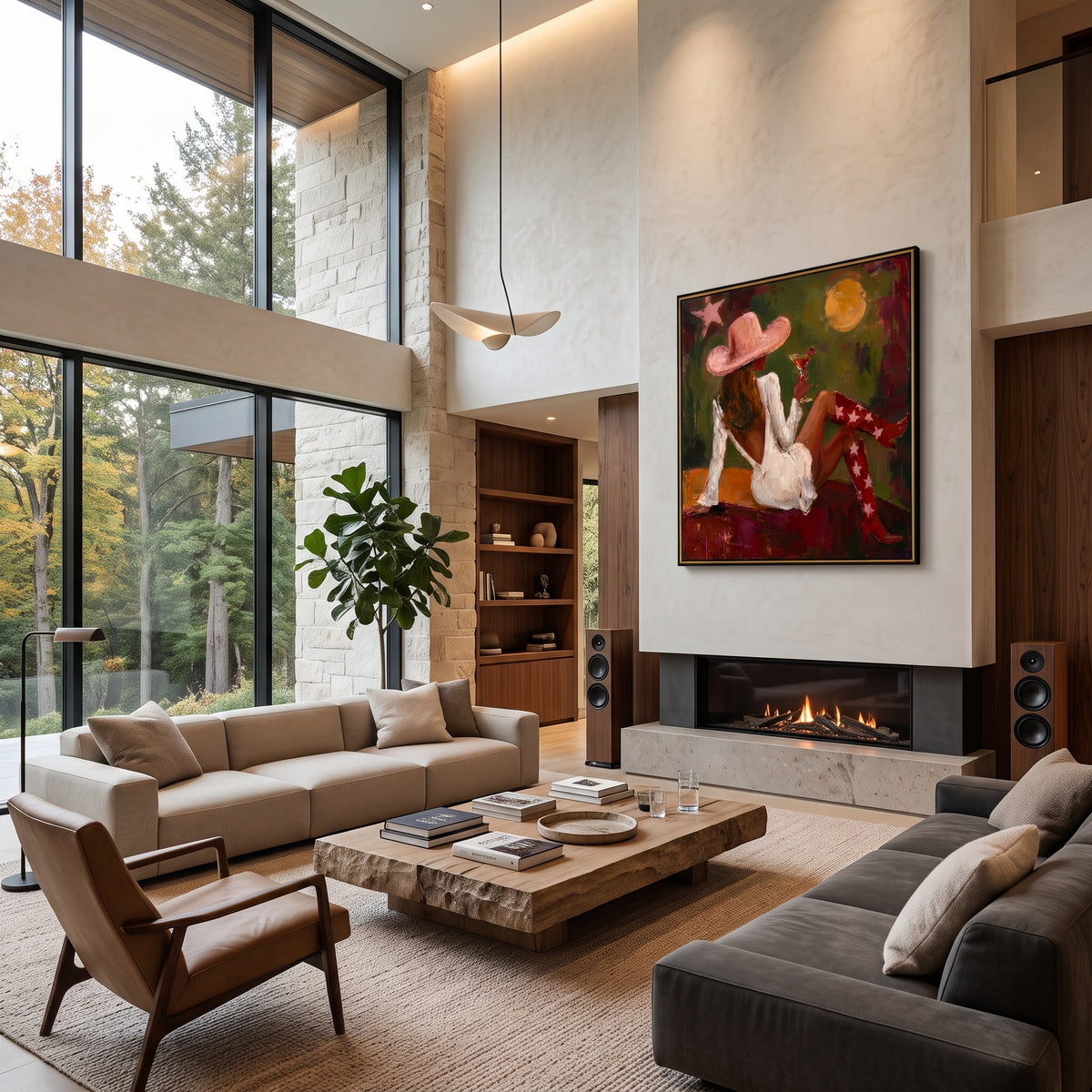 Stars Under the Olive Moon - cowgirl with martini painting displayed in a styled interior