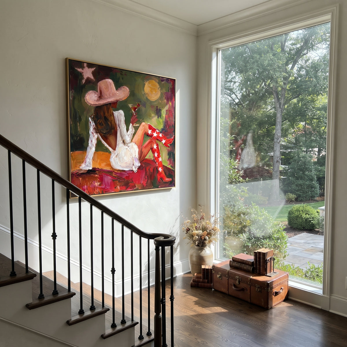 Stars Under the Olive Moon - cowgirl with martini painting shown in modern room setting 3