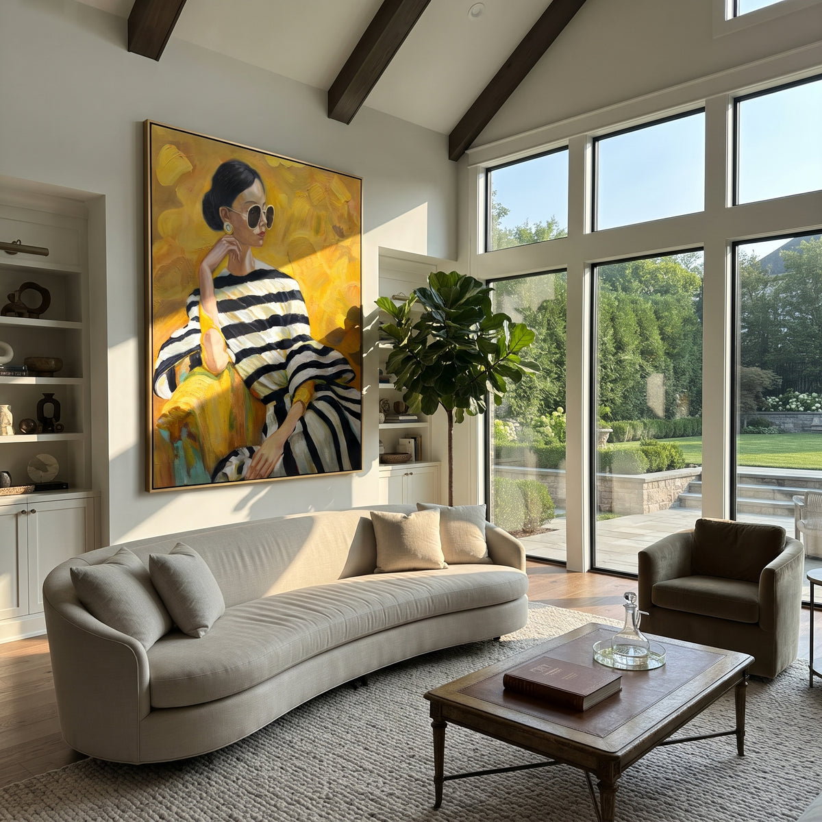 Sunlit Stripes in Yellow - striped fashion portrait painting shown in modern room setting 2