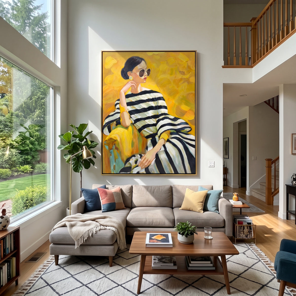Sunlit Stripes in Yellow - striped fashion portrait painting shown in modern room setting 4