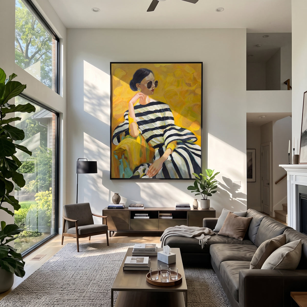 Sunlit Stripes in Yellow - striped fashion portrait painting shown in modern room setting 5