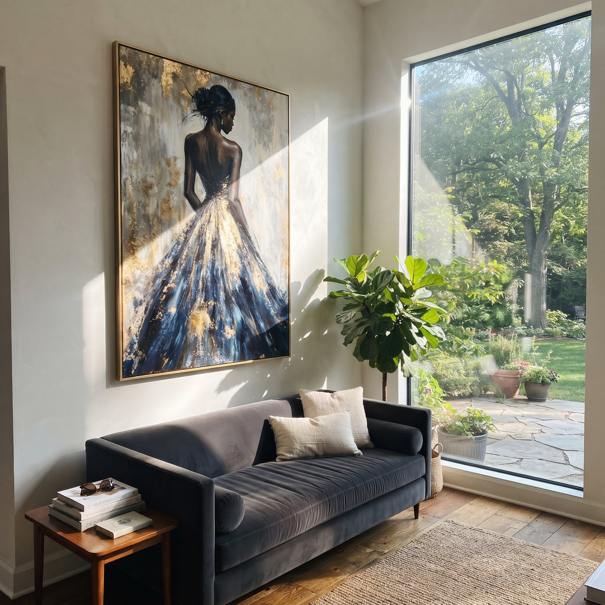 Golden Gown in Shadow - black gold gown portrait painting shown in modern room setting 2