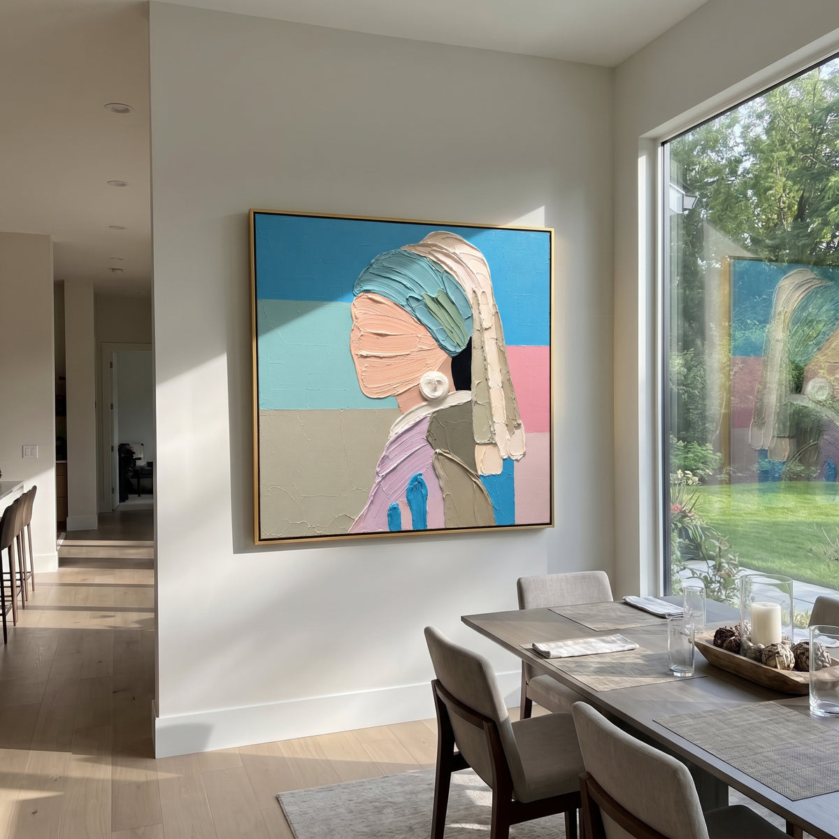 Pearl Profile in Pastels - pearl earring profile painting shown in modern room setting 3