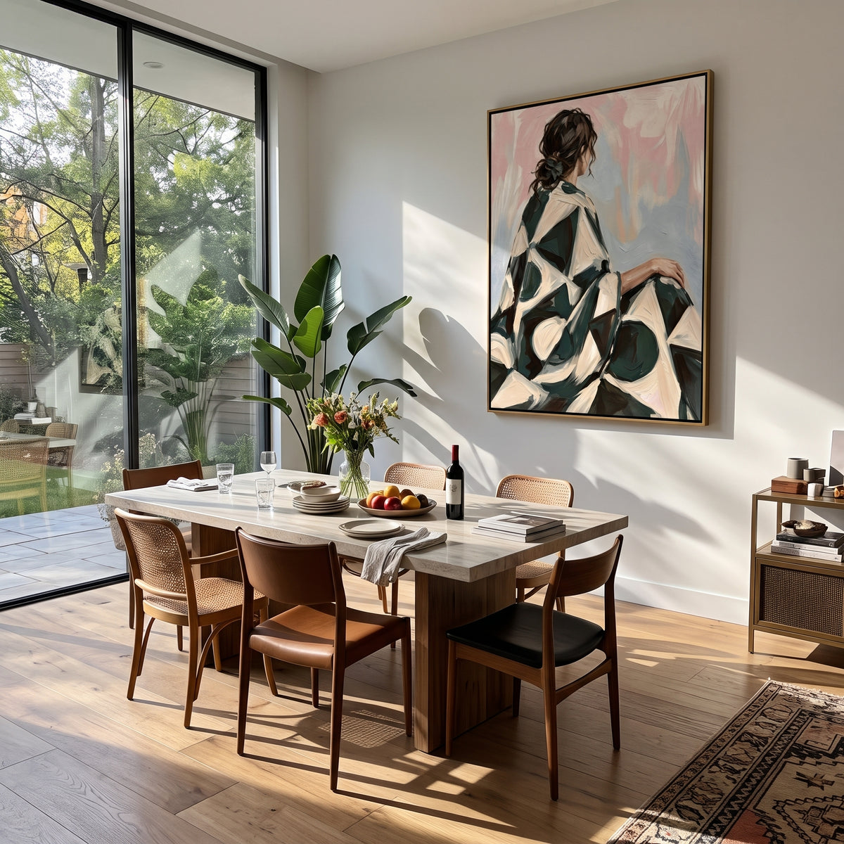 Emerald Back in Brushwork - woman in green dress painting displayed in a styled interior