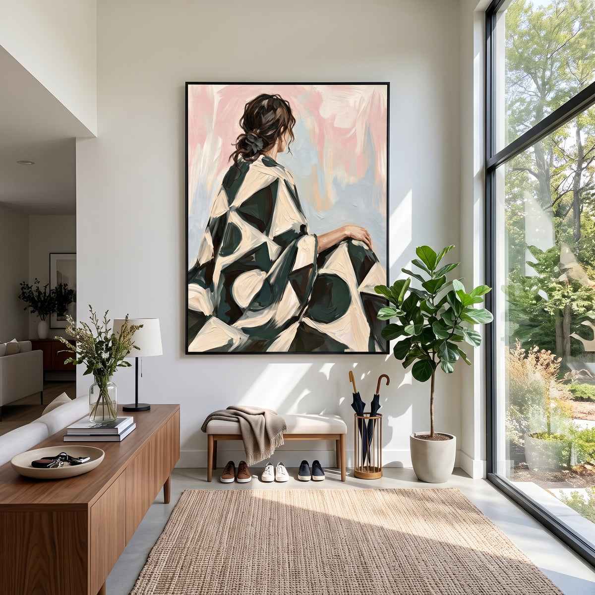 Emerald Back in Brushwork - woman in green dress painting shown in modern room setting 2