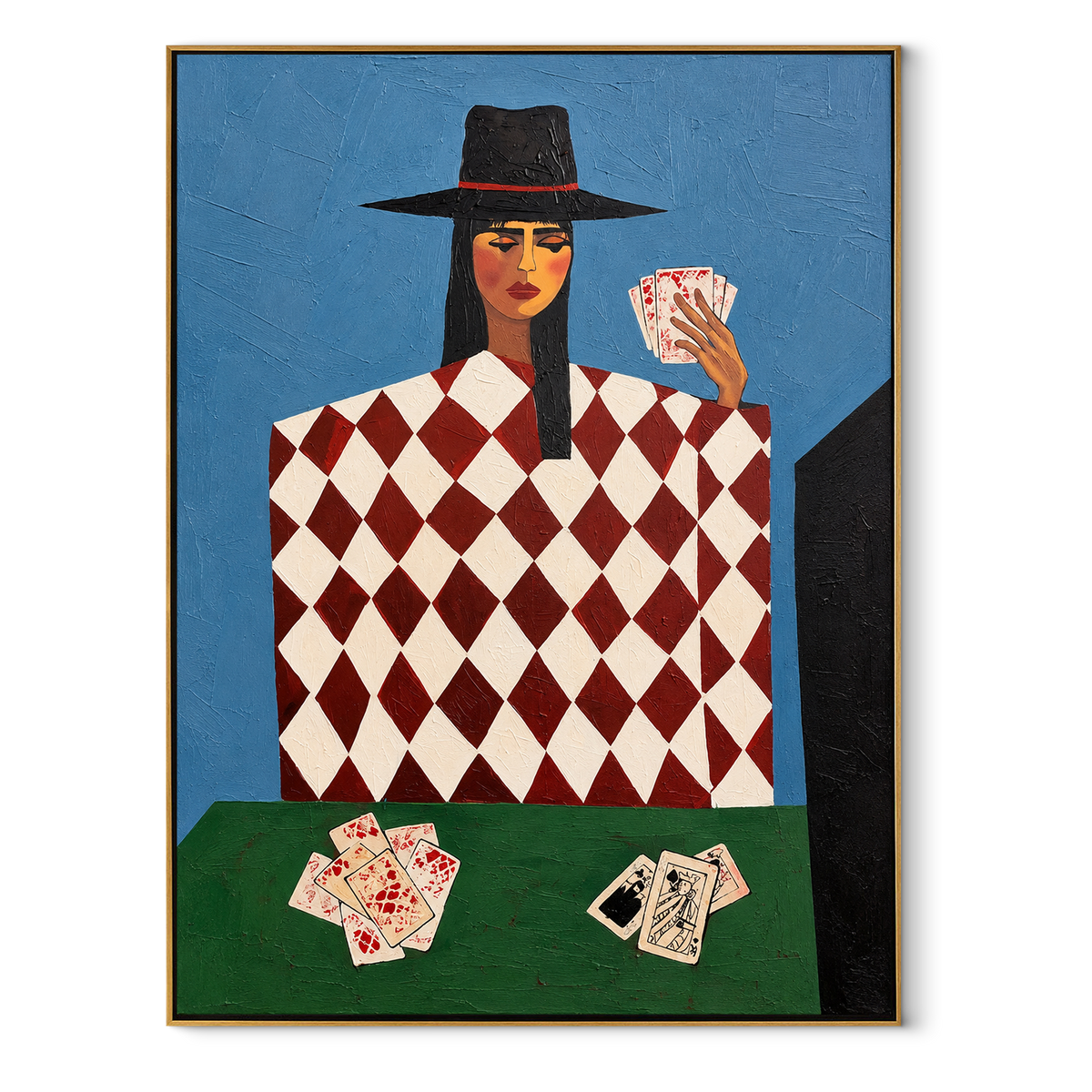 Card Table in Blue - geometric card player painting in a wood frame on white