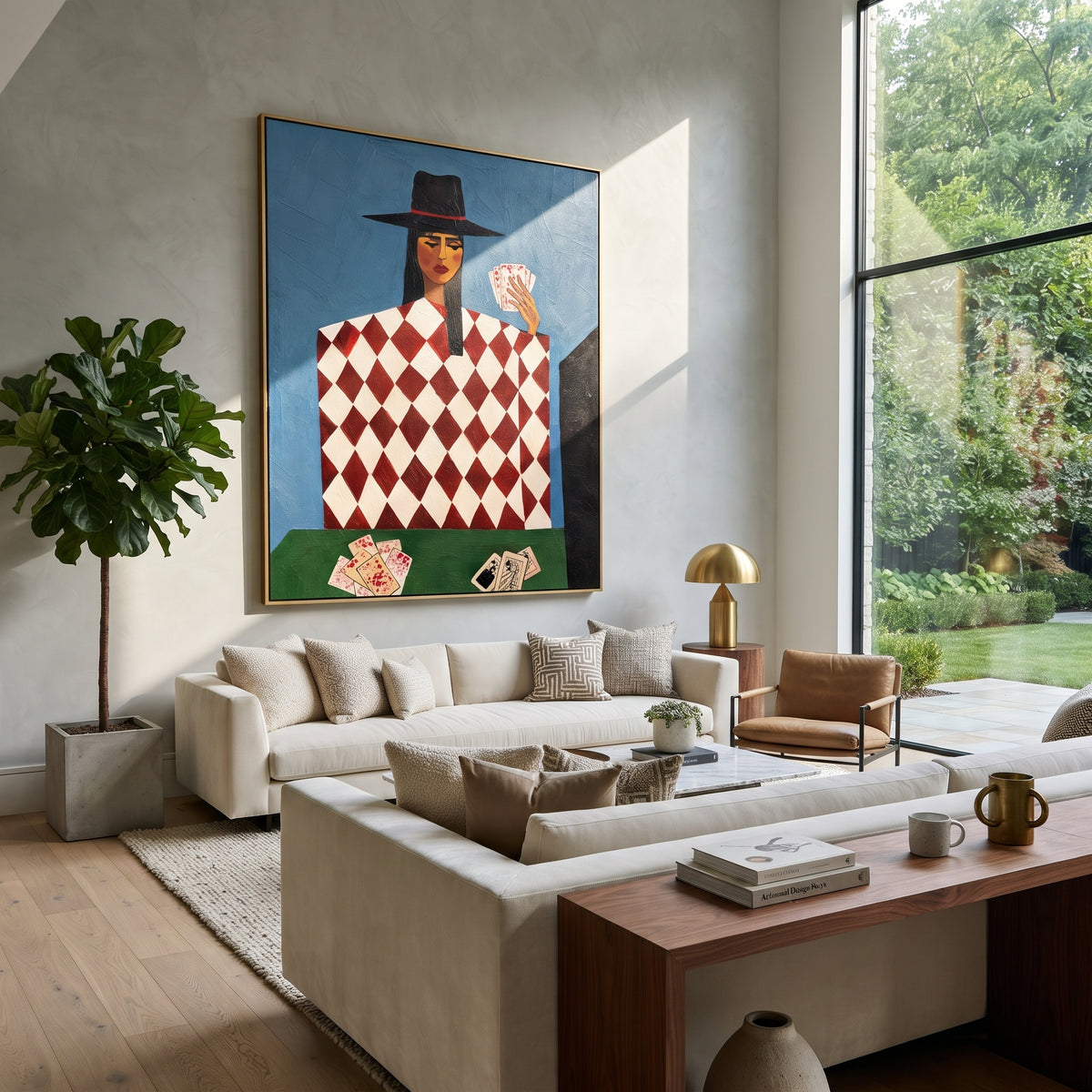 Card Table in Blue - geometric card player painting shown in modern room setting 2