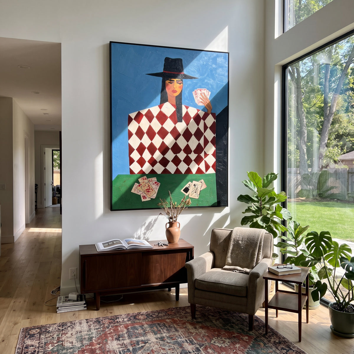 Card Table in Blue - geometric card player painting shown in modern room setting 3