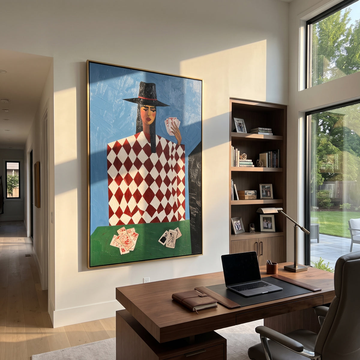 Card Table in Blue - geometric card player painting shown in modern room setting 5