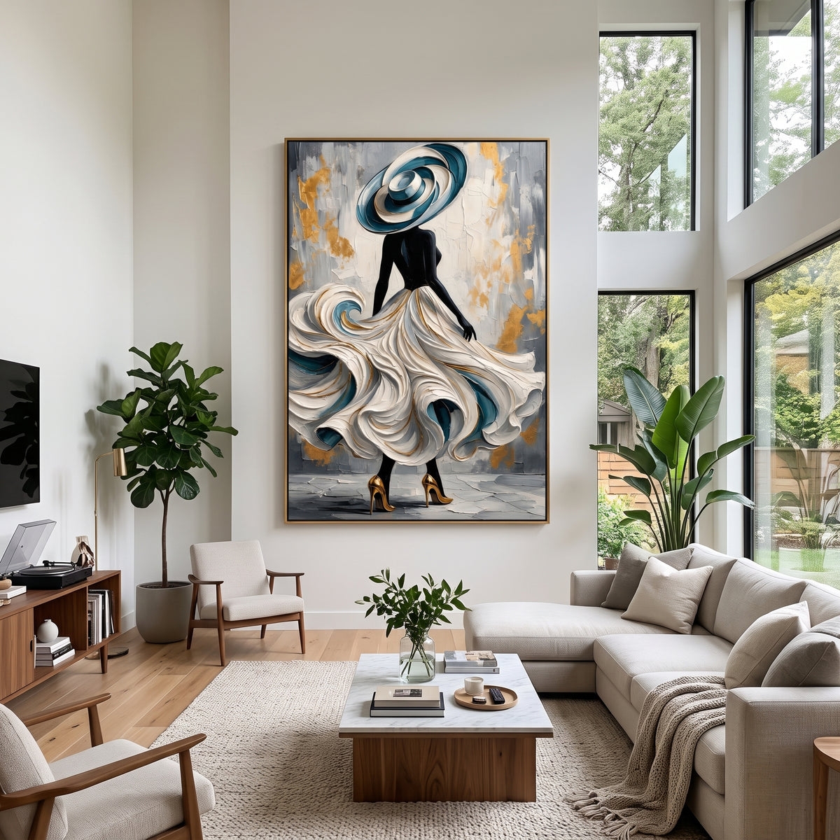 Gilded Skirt in Motion - flowing white fashion gown painting displayed in a styled interior