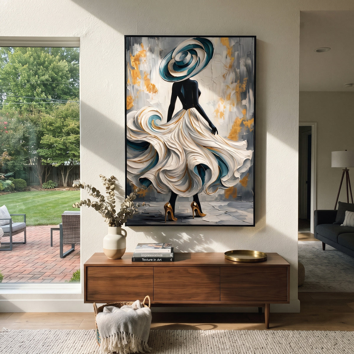Gilded Skirt in Motion - flowing white fashion gown painting shown in modern room setting 2