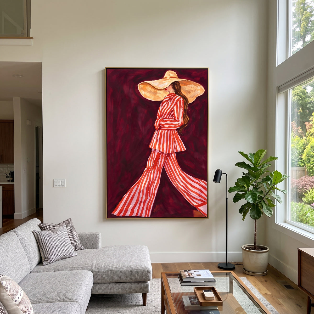 Burgundy Stripes in Motion - red striped fashion portrait painting shown in modern room setting 3