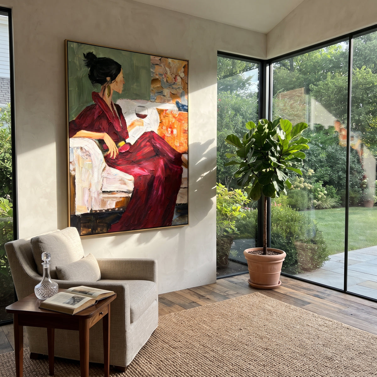 Burgundy Dress with Wine - seated woman with wine painting shown in modern room setting 2