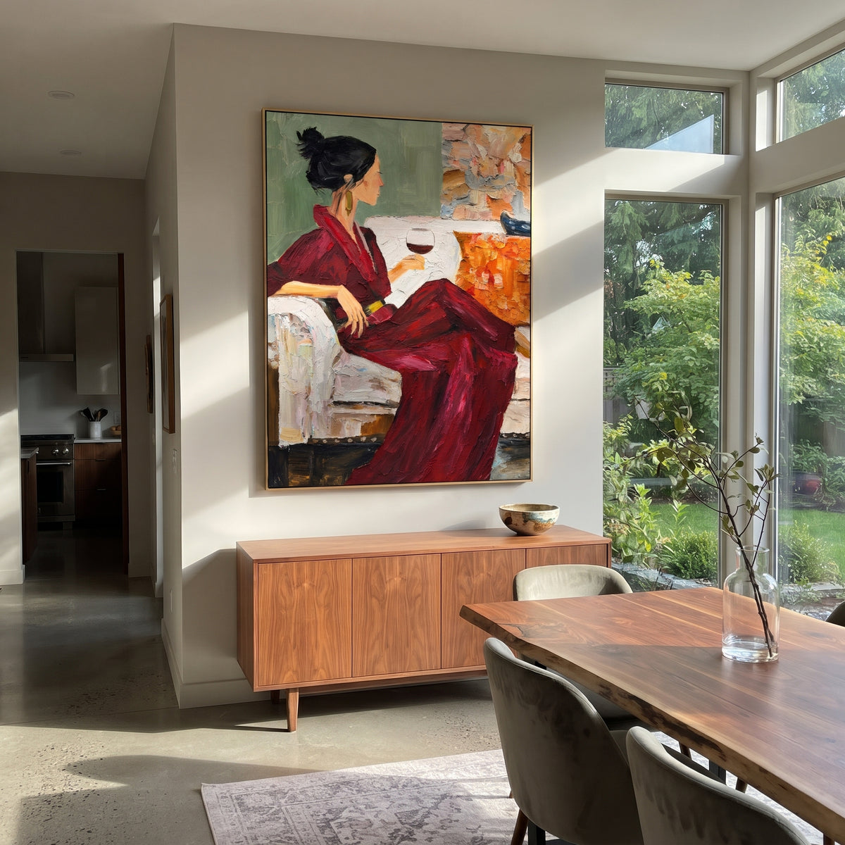 Burgundy Dress with Wine - seated woman with wine painting shown in modern room setting 4