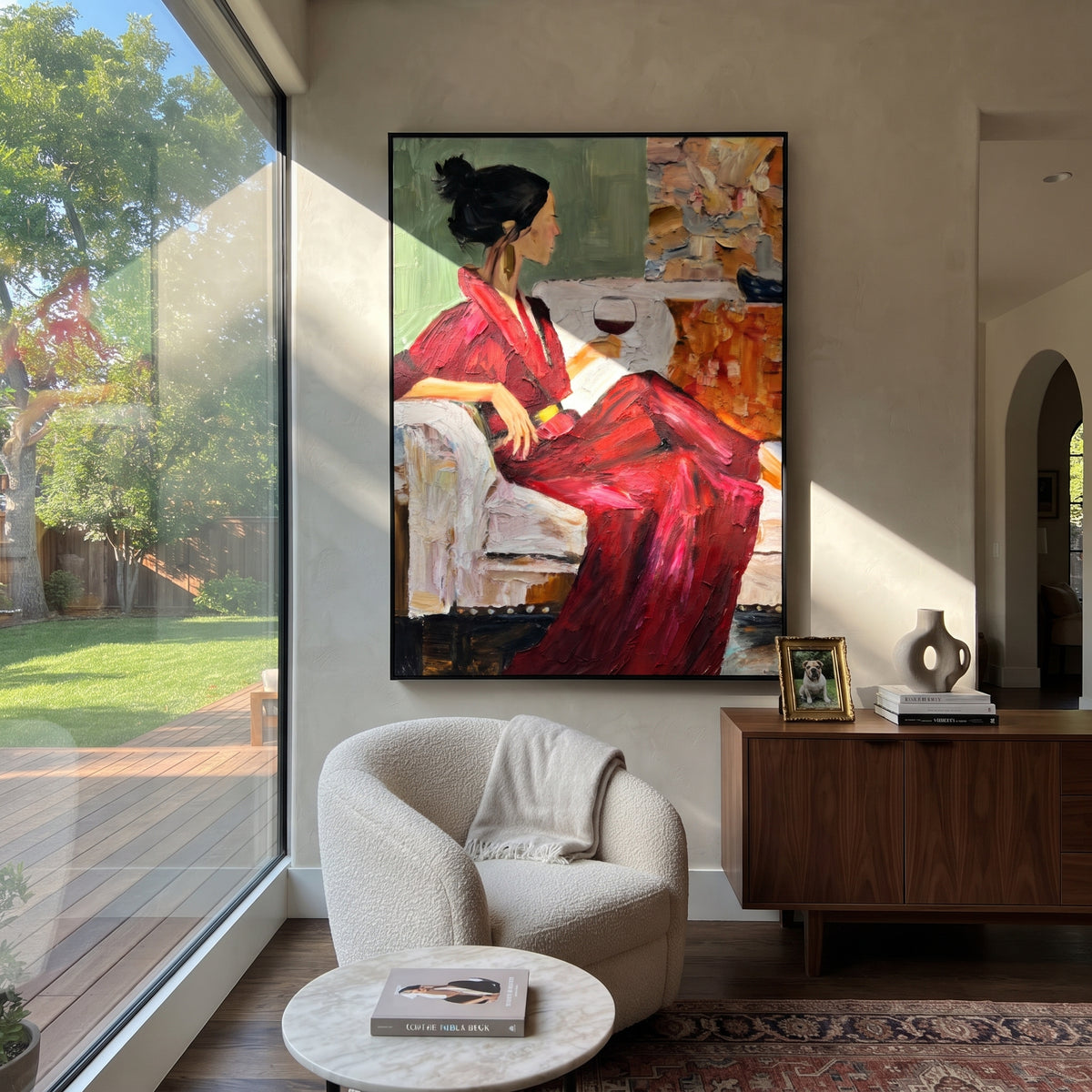 Burgundy Dress with Wine - seated woman with wine painting shown in modern room setting 5