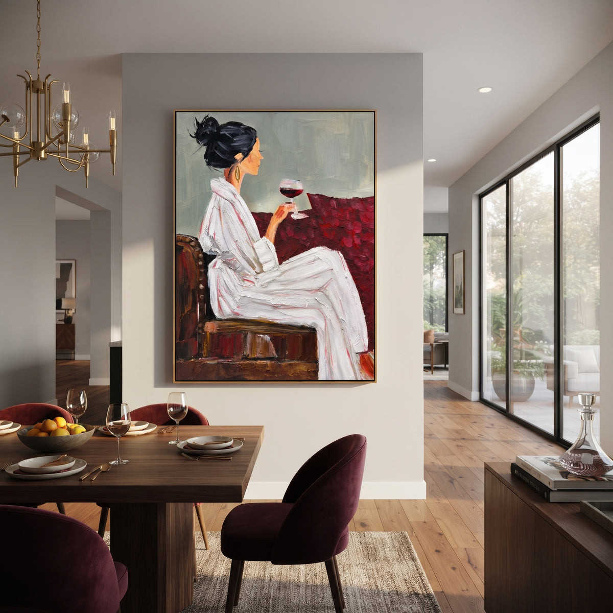Quiet Wine in Profile - woman holding wine portrait painting shown in modern room setting 2