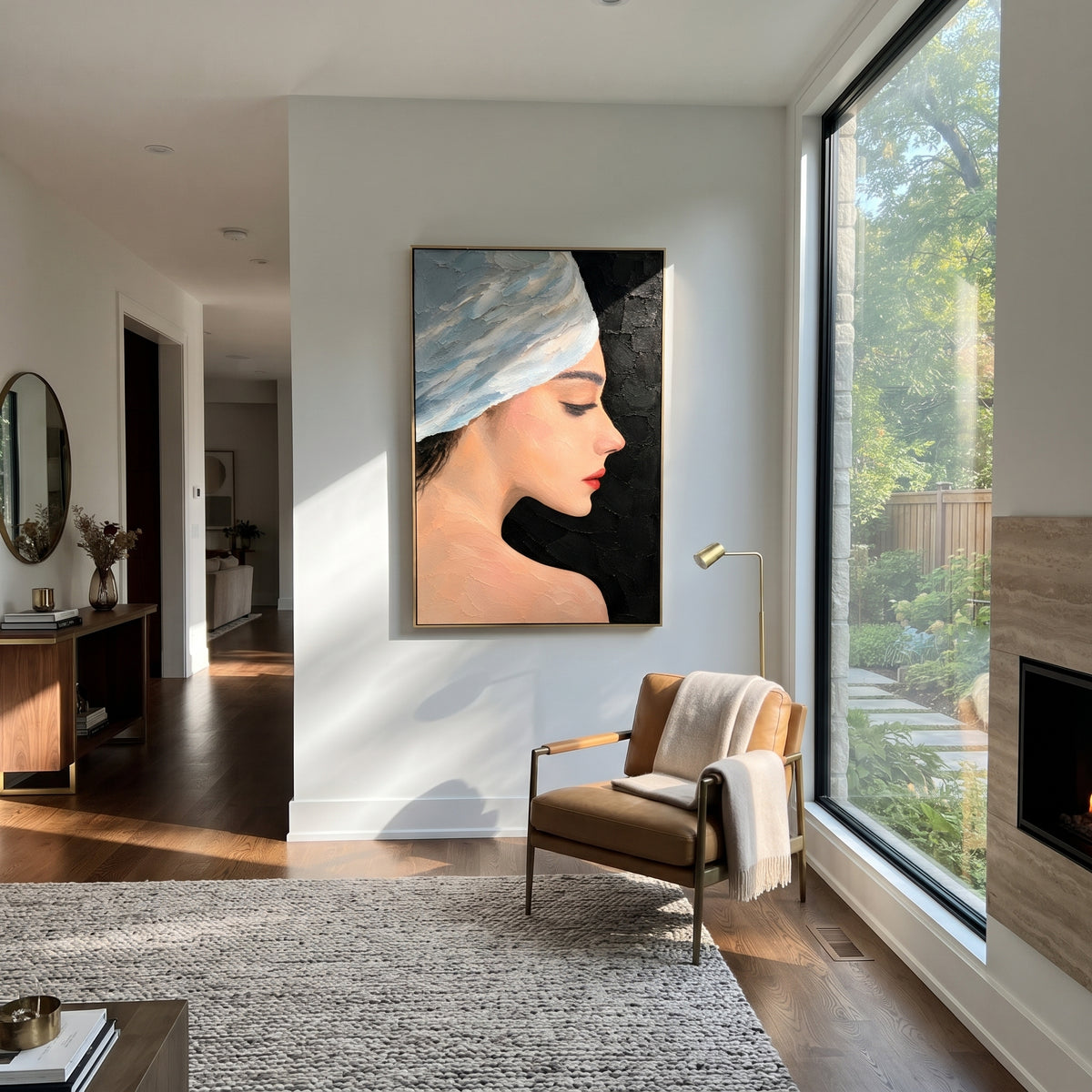 Blue Turban in Profile - blue turban fashion portrait painting displayed in a styled interior