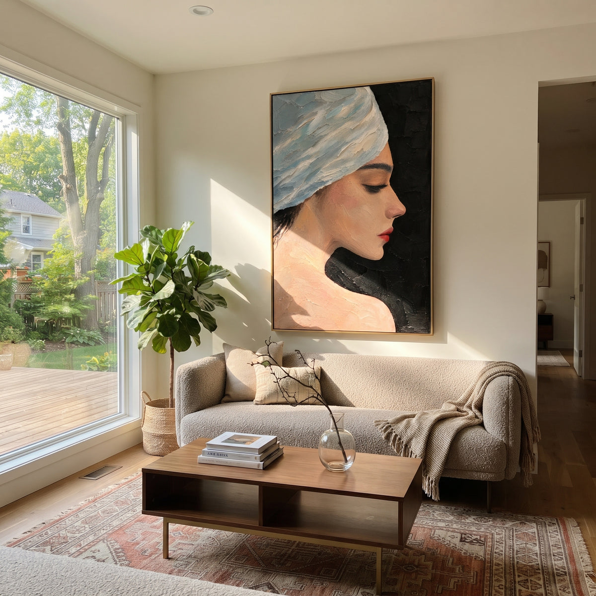 Blue Turban in Profile - blue turban fashion portrait painting shown in modern room setting 4