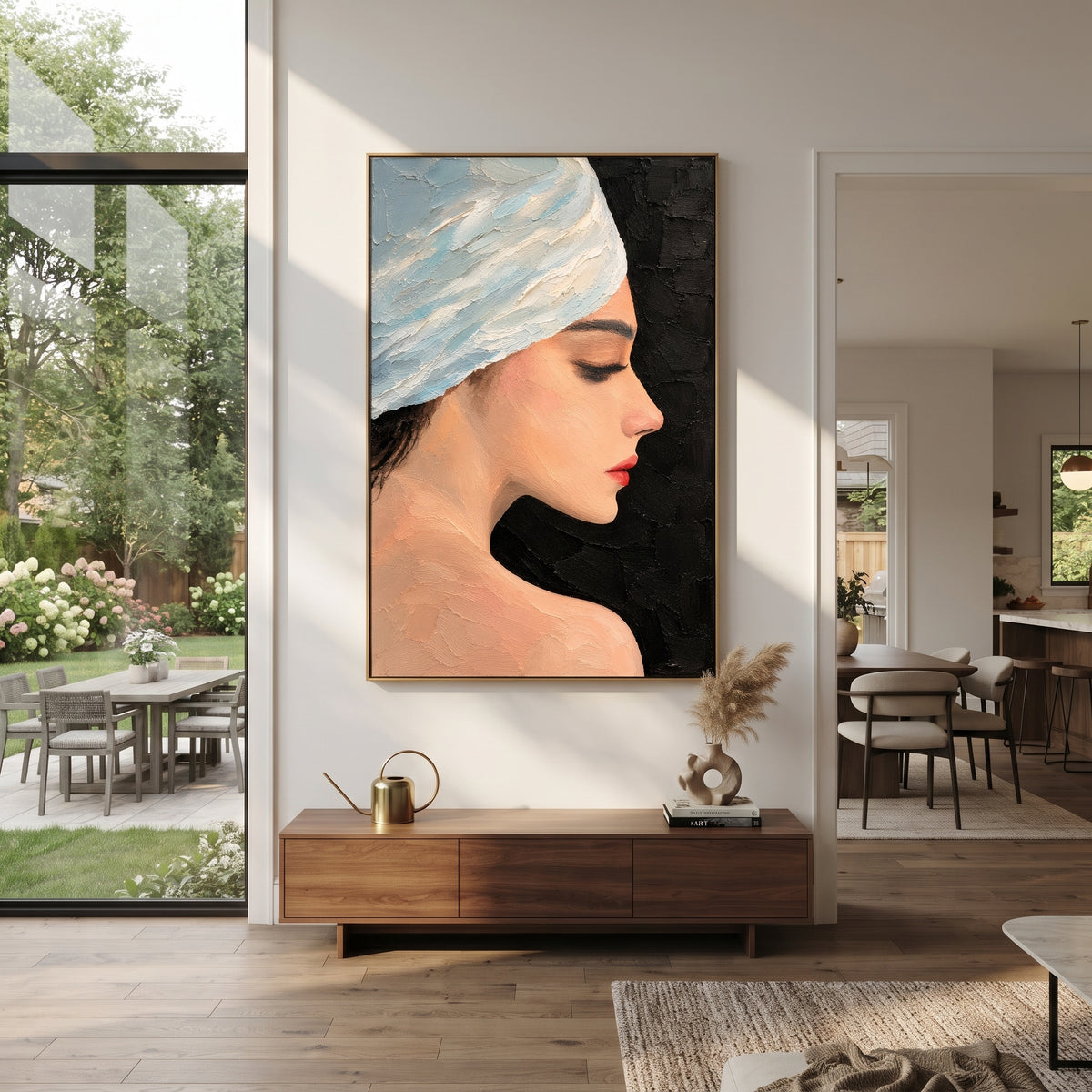 Blue Turban in Profile - blue turban fashion portrait painting shown in modern room setting 5