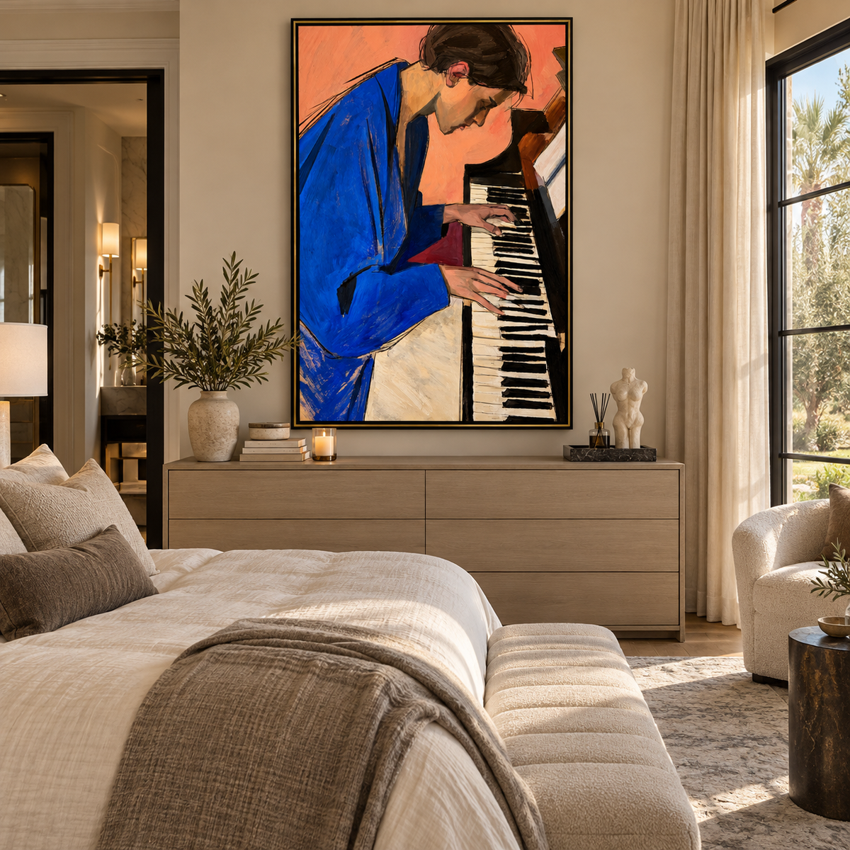 Blue Notes at the Piano - woman playing piano painting shown in modern room setting 2