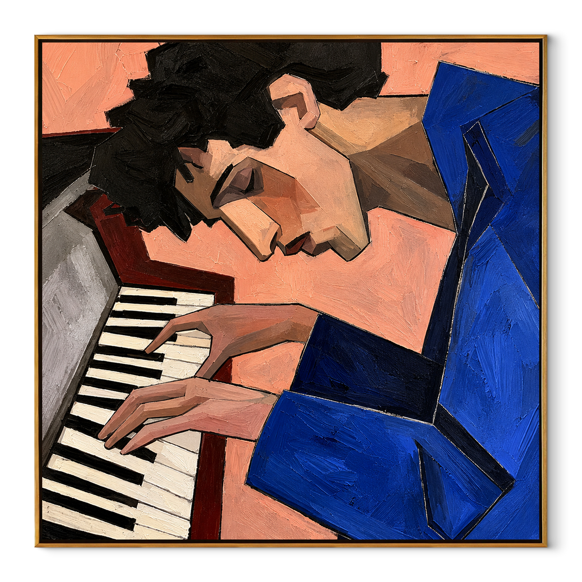 Two Hands at the Piano - cubist pianist portrait painting in a wood frame on white