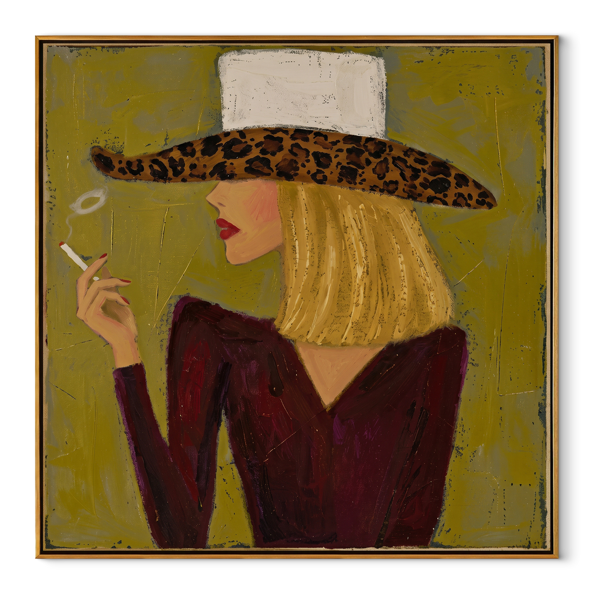 Leopard Brim in Olive - leopard hat smoking portrait painting in a wood frame on white