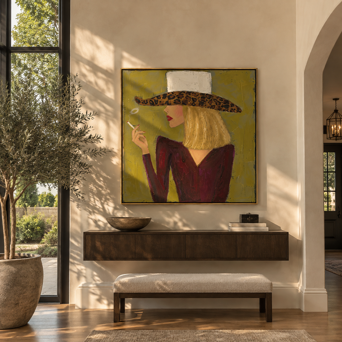 Leopard Brim in Olive - leopard hat smoking portrait painting shown in modern room setting 3