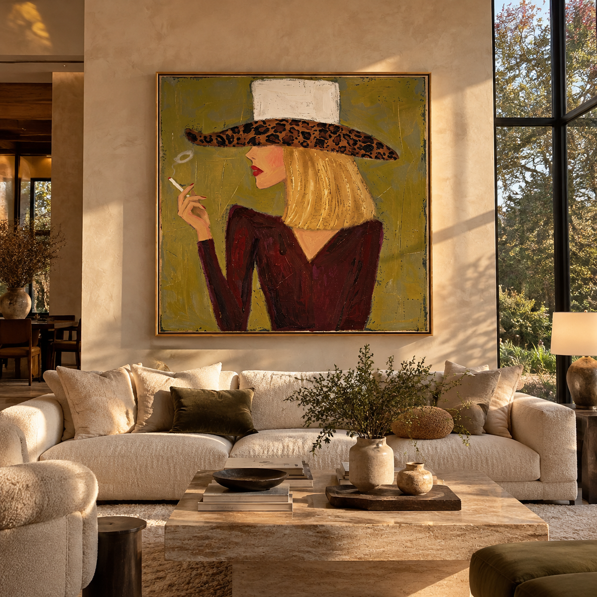 Leopard Brim in Olive - leopard hat smoking portrait painting shown in modern room setting 4