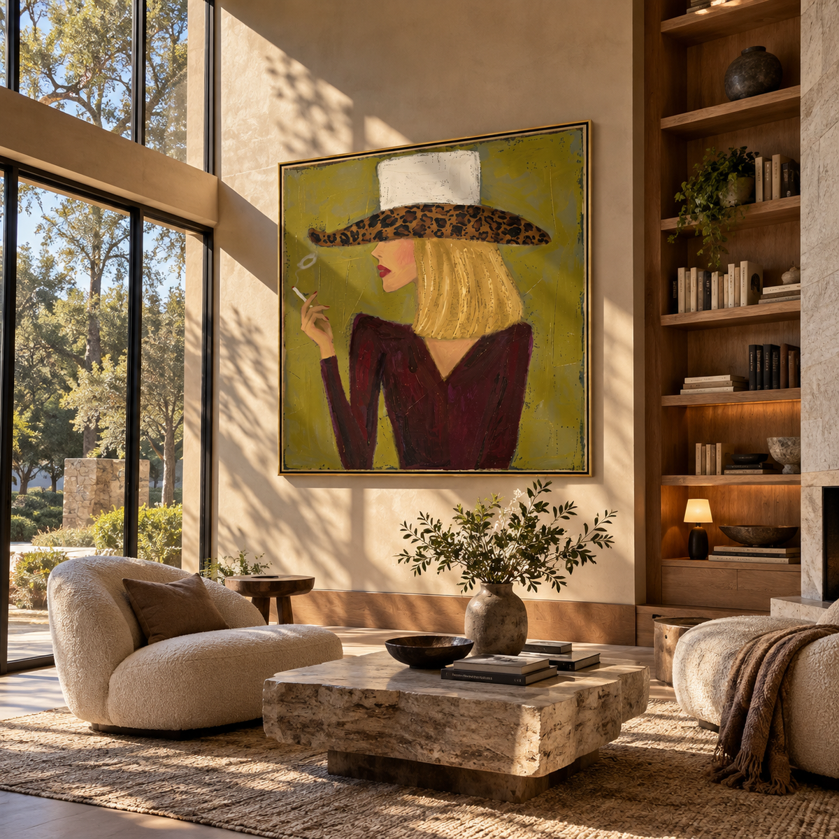 Leopard Brim in Olive - leopard hat smoking portrait painting shown in modern room setting 5