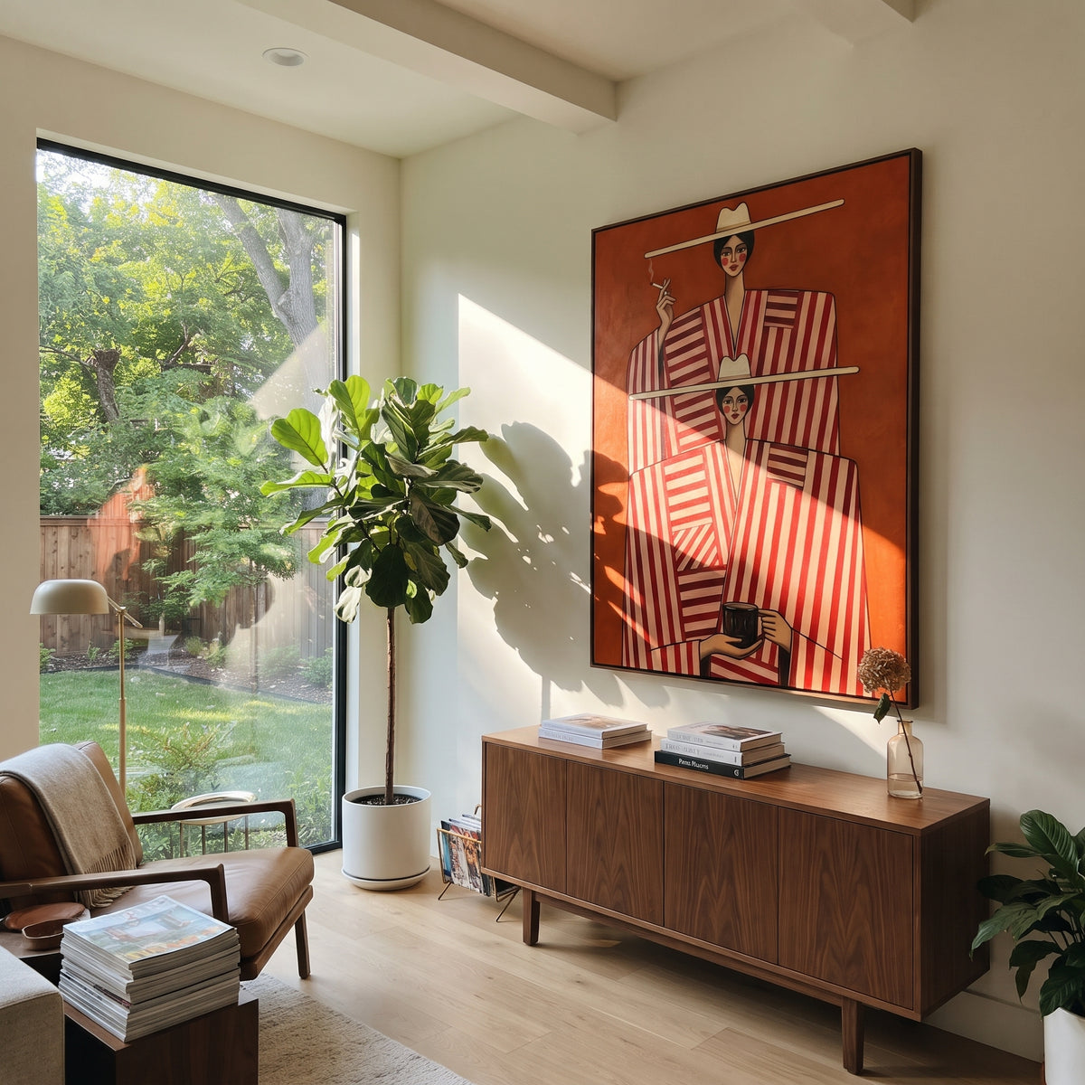 Twin Stripes in Red - red striped duo fashion painting shown in modern room setting 2