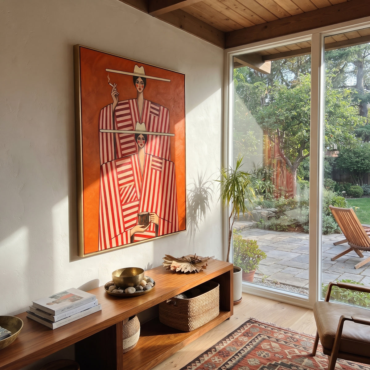Twin Stripes in Red - red striped duo fashion painting shown in modern room setting 4