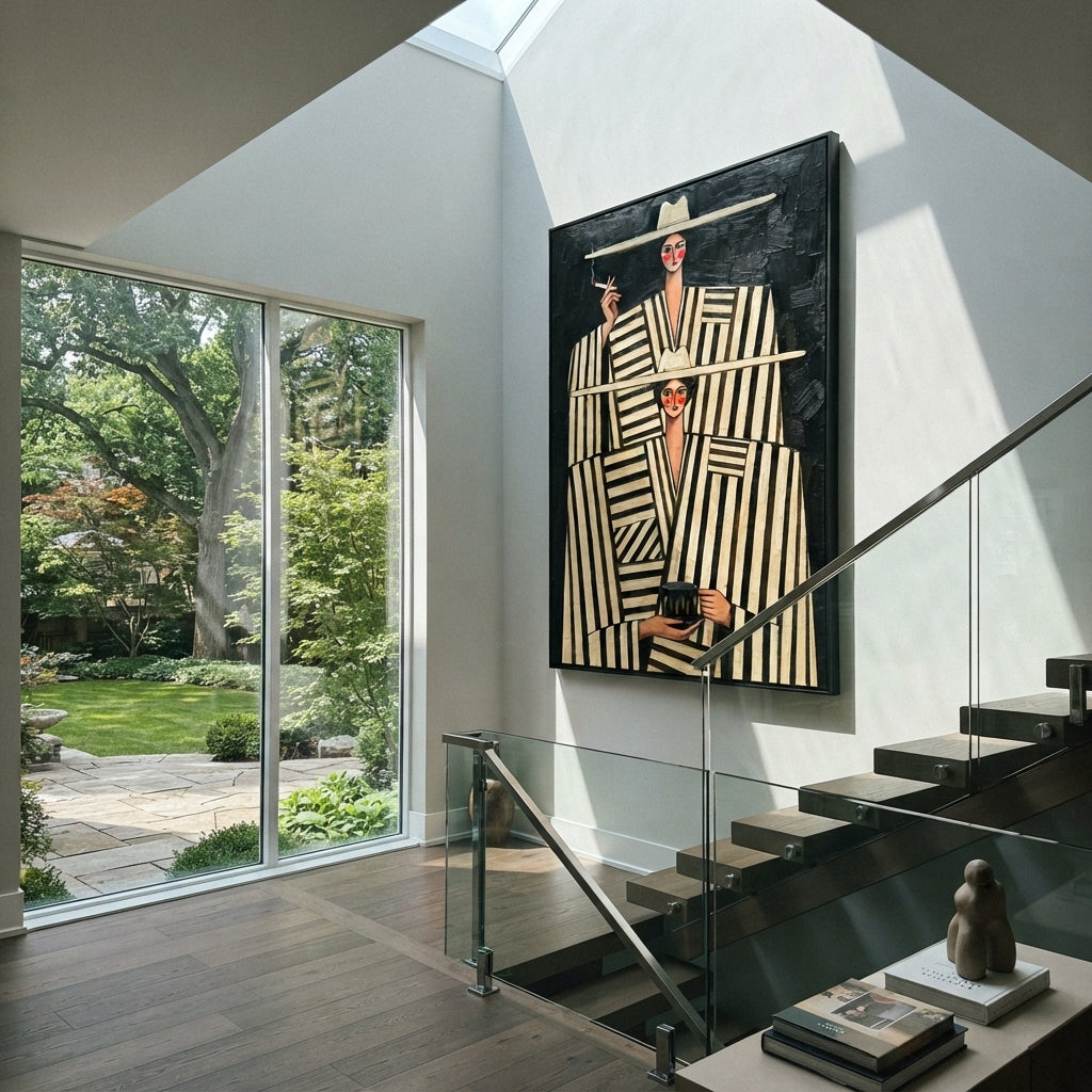 Black and White Salon - striped fashion duo painting displayed in a styled interior