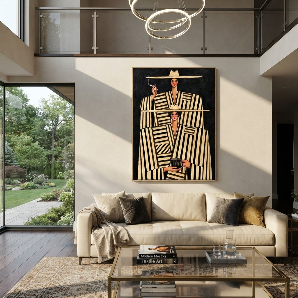 Black and White Salon - striped fashion duo painting shown in modern room setting 3