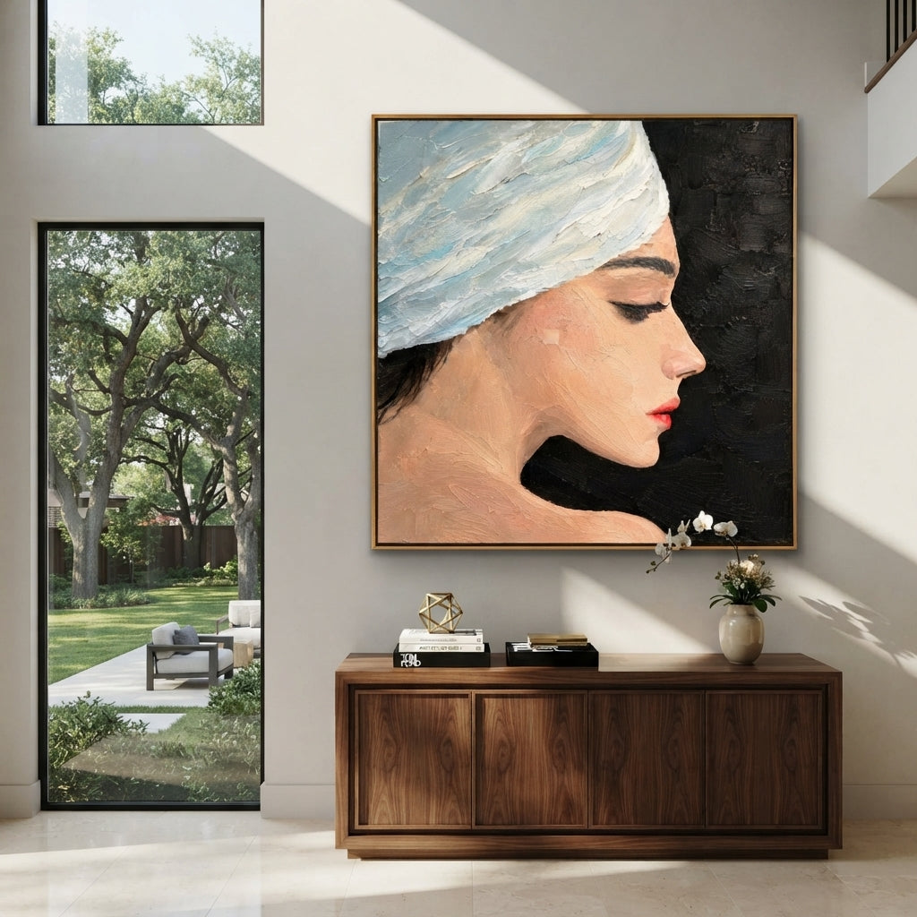Blue Turban Against Night - blue turban profile painting displayed in a styled interior