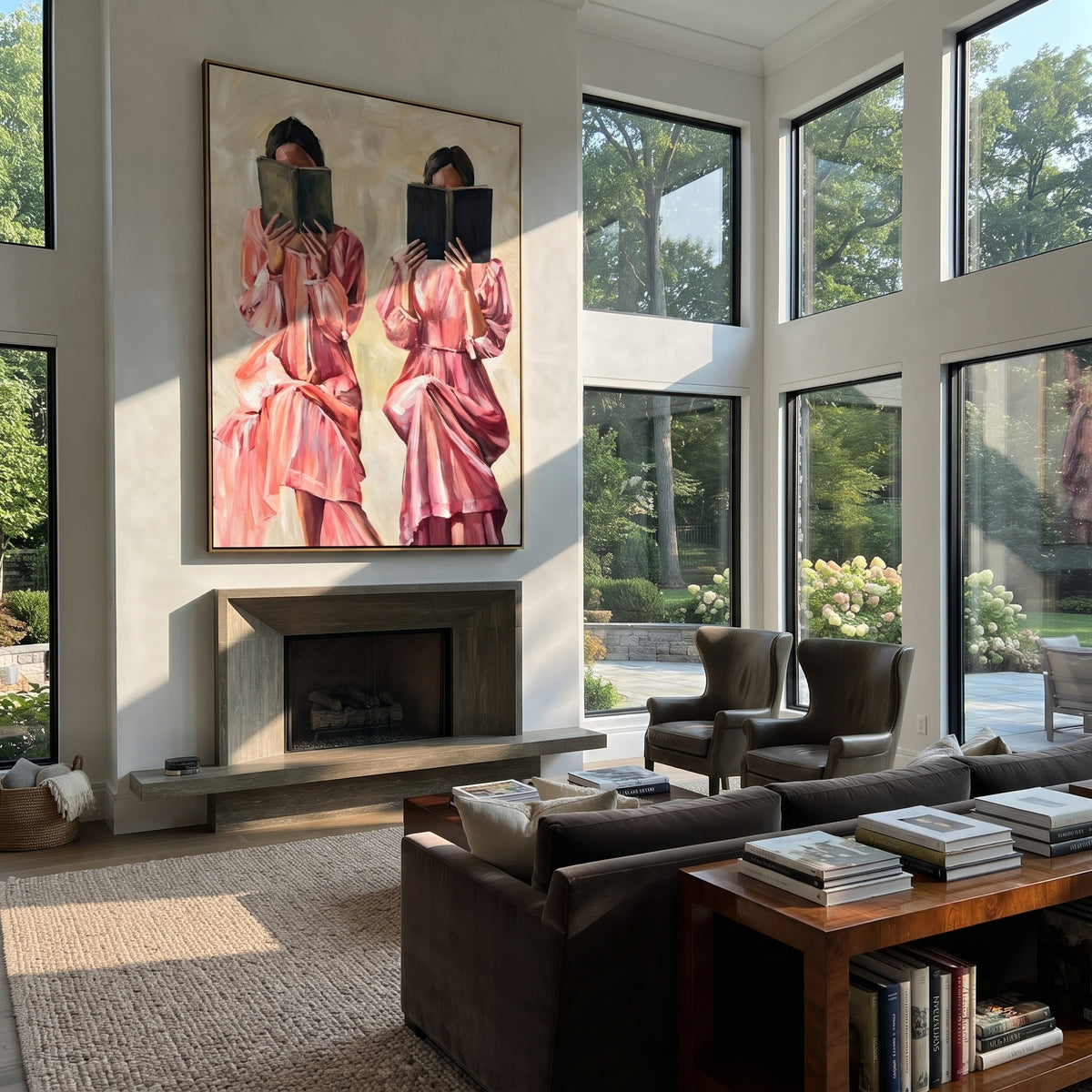 Twin Readers in Rose - two women reading painting shown in modern room setting 2