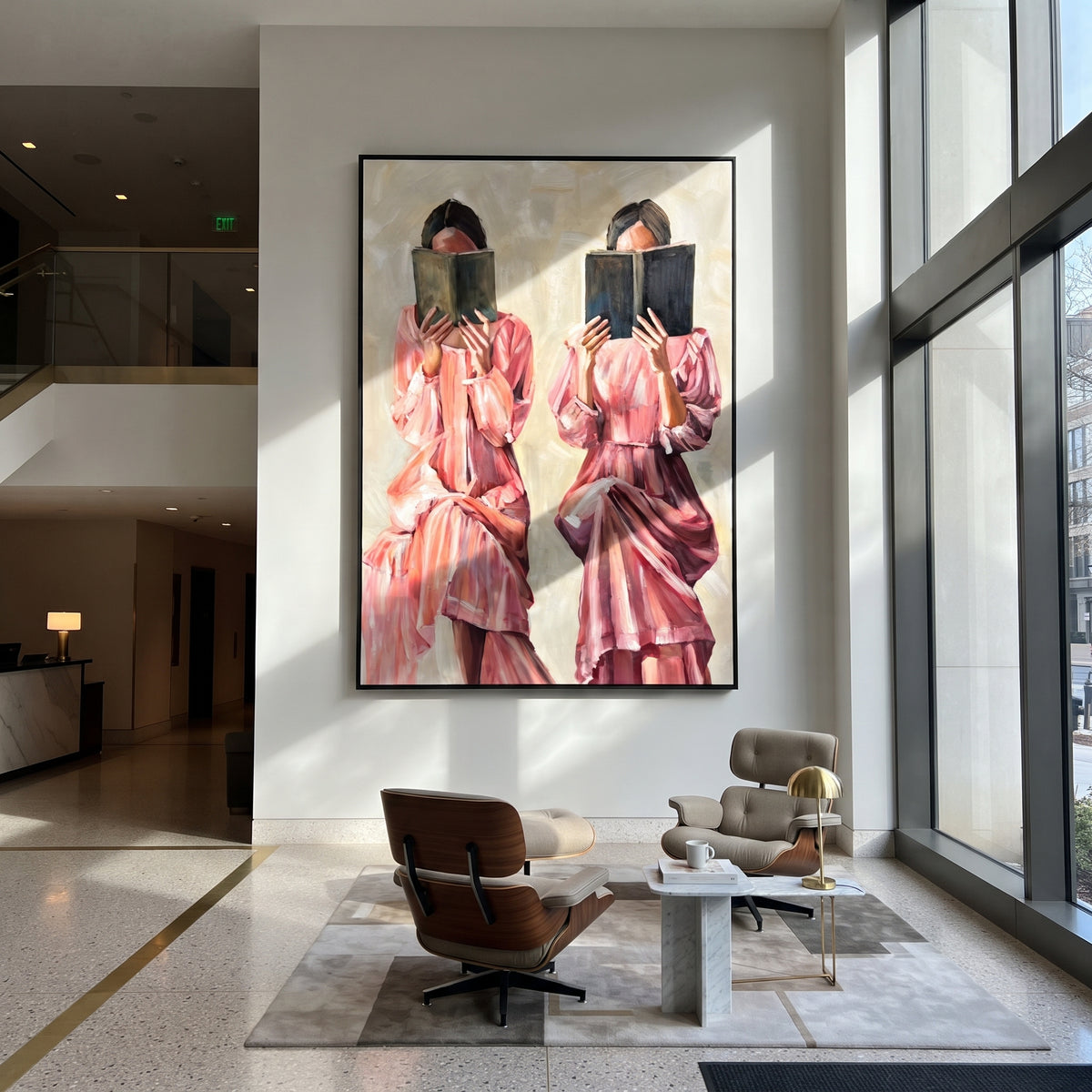 Twin Readers in Rose - two women reading painting shown in modern room setting 3